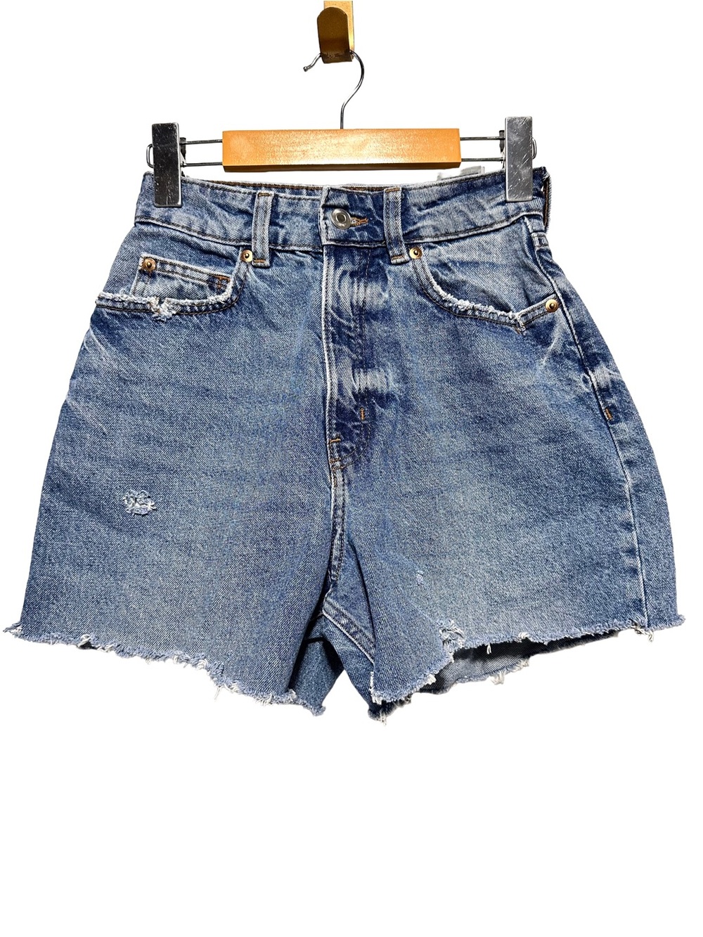 H&M High Rise Distressed Denim Cutoff Shorts Raw Hem Festival